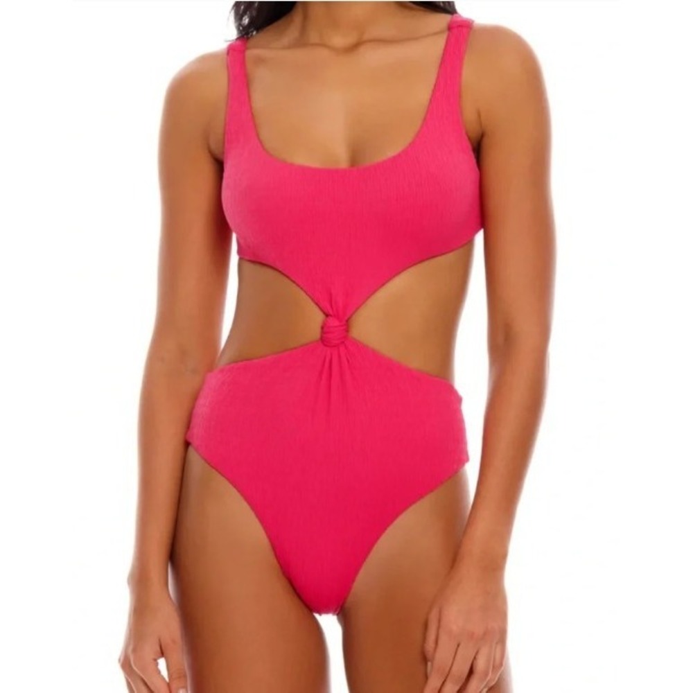 AGUA BENDITA Kasie Smocked Cut‎ Out Knot One Piece Monokini Swimsuit Rose Pink M